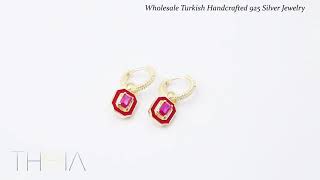 Rectangle Design Red Enamel Ruby Stone Dangle Hoop Earring 925 Sterling Silver Jewelry