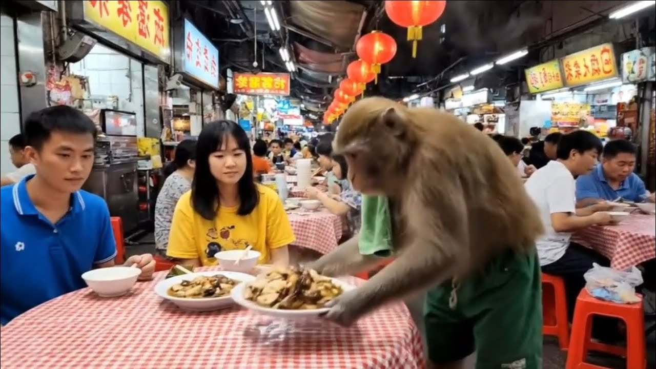 "The monkey returned to the kitchen with lots of food"