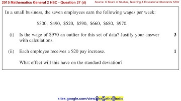 2015 Maths General 2 HSC Q27d Test if a score is an outlier using 1.5IQR formula