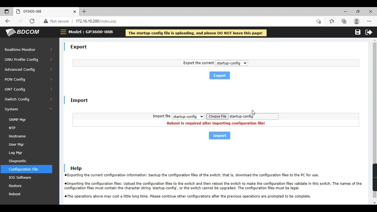 BDCOM GPON OLT (GP3600 Series) configuration files backup & restore from GUI Mode