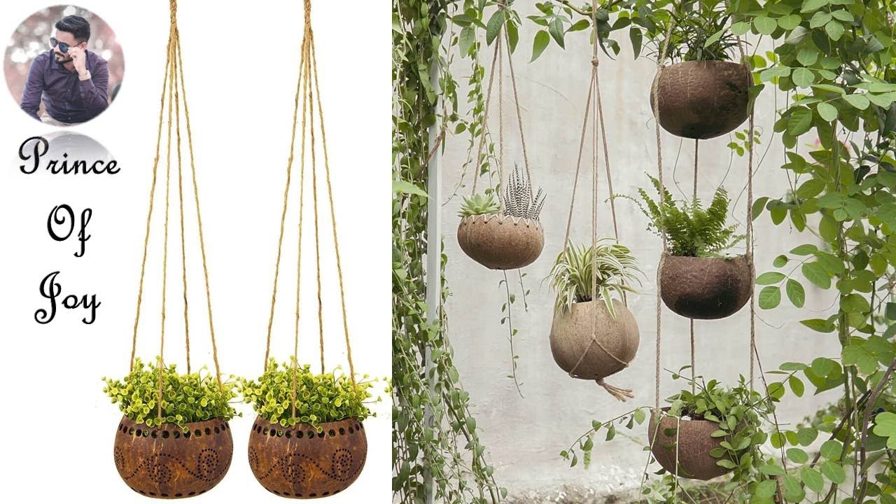 How to make Coconut shell wall hanging / Coconut shell Art /gardening in coconut shell | grass Art