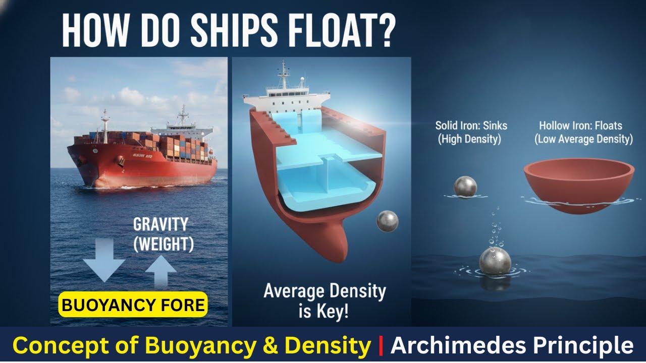 Почему корабли плавают на воде? | Объяснение концепции плавучести и плотности | Закон Архимеда