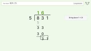 Long Division Problem 831/5: Step-by-Step Video Solution