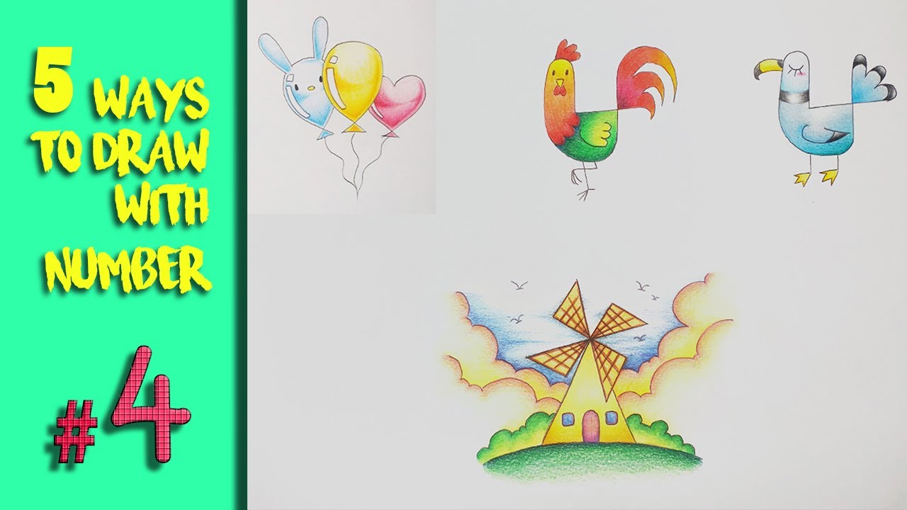 5 Most unique ways to draw with number 4 | Number drawing * Episode#5 ...