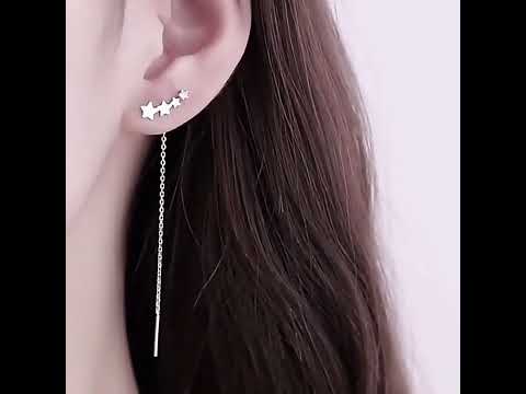 Жіночі сережки протяжки 4 зірки з білим кристалом 8.4 см золотисті, видео 1
