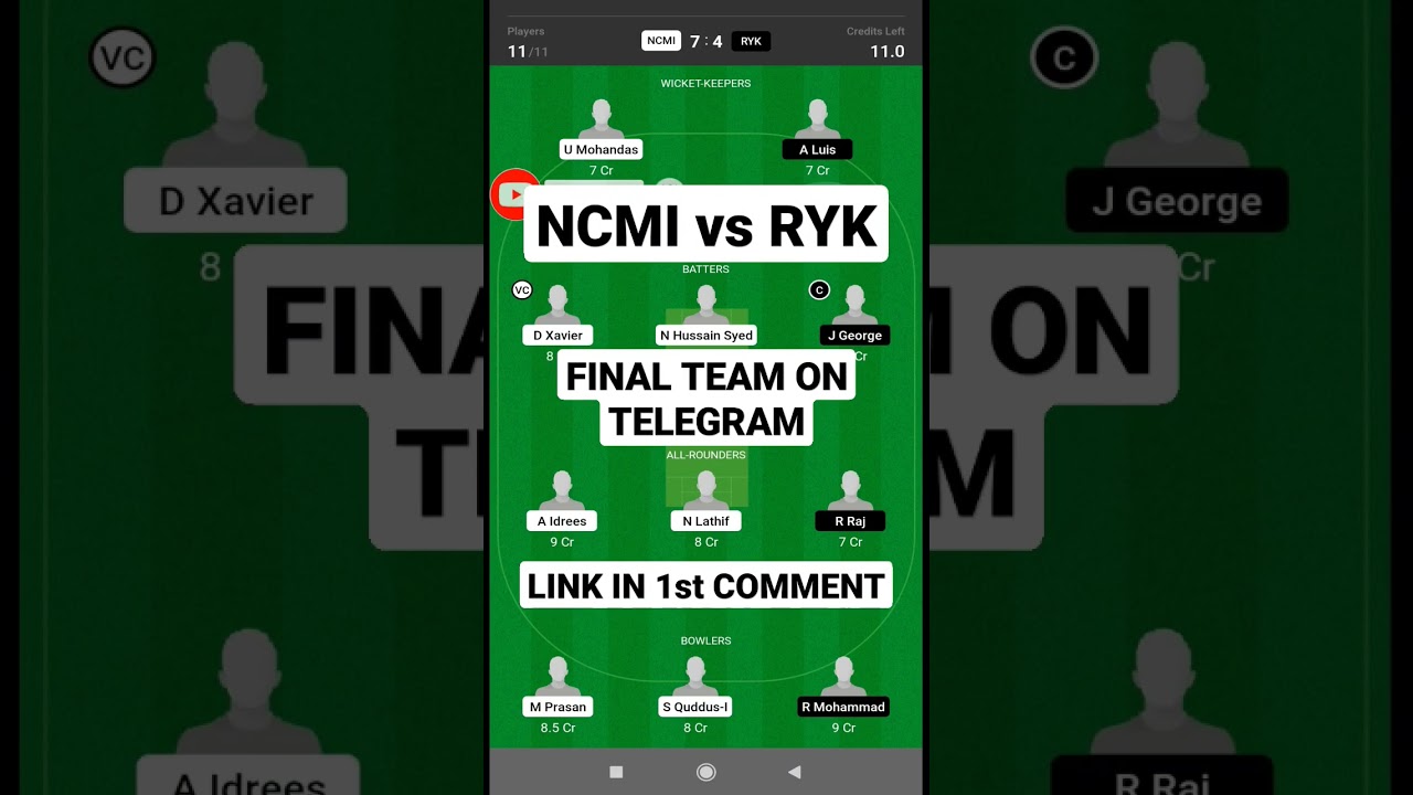 ncmi vs ryk dream11 prediction || ncmi vs ryk dream11 team || kcc t20 dream11 