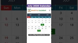 July 2026 Calendar - Holidays, Festivals &amp; Important Dates (India) 🇮🇳 #shorts #festival #india