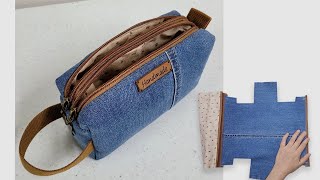 DIY  청바지 조각으로 두 칸 지퍼 가방 만들기/How to make a twocompartment zipper mini bag/청바지 리폼/Upcycling jeans/손가방