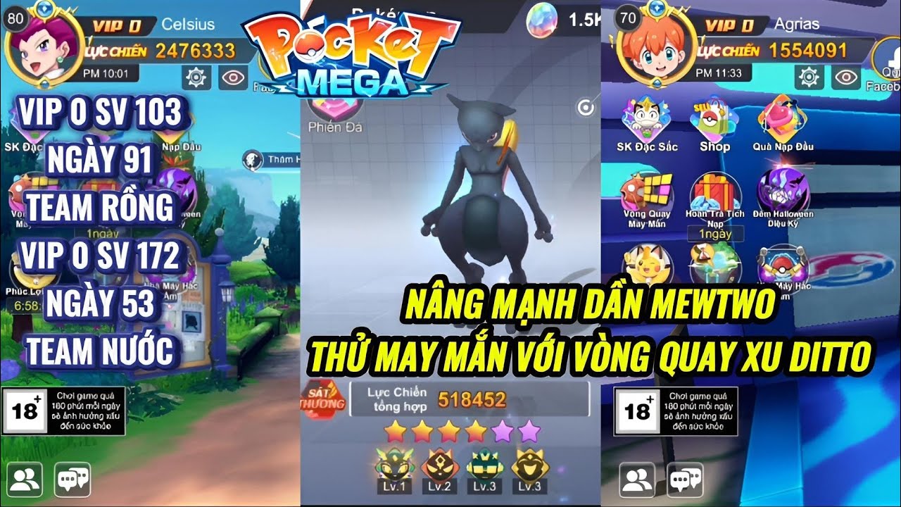 POCKET MEGA - VIP 0 #91 (SV103-172) Gần lên 2tr5 | Nâng dần Mewtwo và thử may mắn vòng quay Ditto