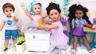 Doll works at the ice cream stand! Play Dolls story about kids earning money