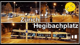 Viele Busse, Trams Und Die Forchbahn Nachts Bei Der Haltestelle Hegibachplatz Zürich, Schweiz 2020