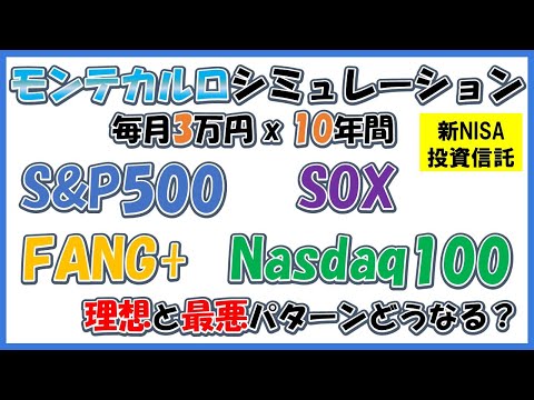【新NISA積立シミュレーション】投資信託4つ 理想と最悪リターンを比較【S&P500, Nasdaq100は安定？でFANG+, SOXは危険？】