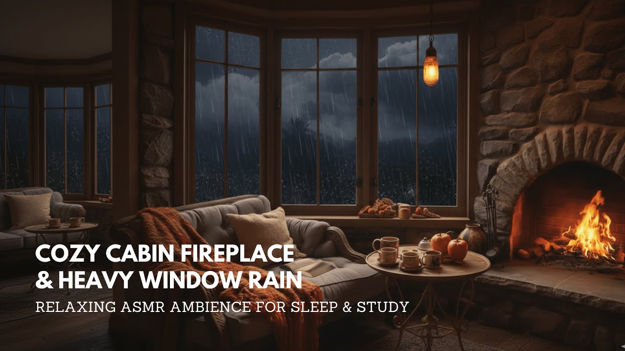 Cozy Cabin Fireplace & Heavy Window Rain – Relaxing ASMR Ambience for ...