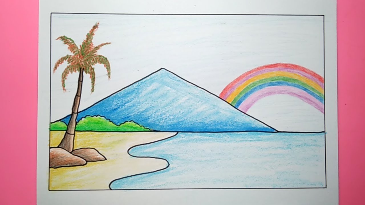 Drawing Rainbow Beautifull Scenery Beach Mountain Landscape - YouTube