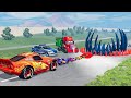 Big &amp; Small McQueen vs Police Car &amp; Zombie Mack Giant Water Pit Hammer Downhill Race | BeamNG.drive
