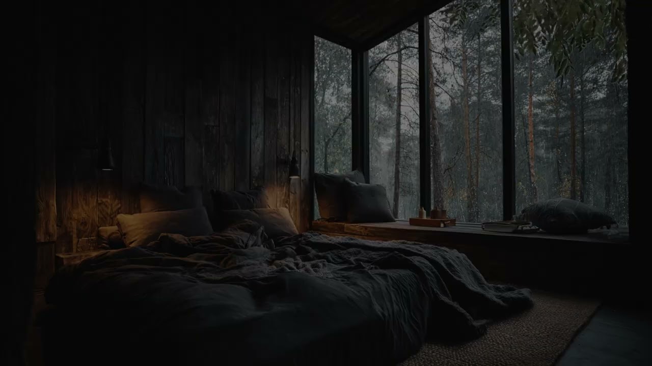 Soft rain on the dark forest 🌧️ seen through your bedroom window as the night settles deep