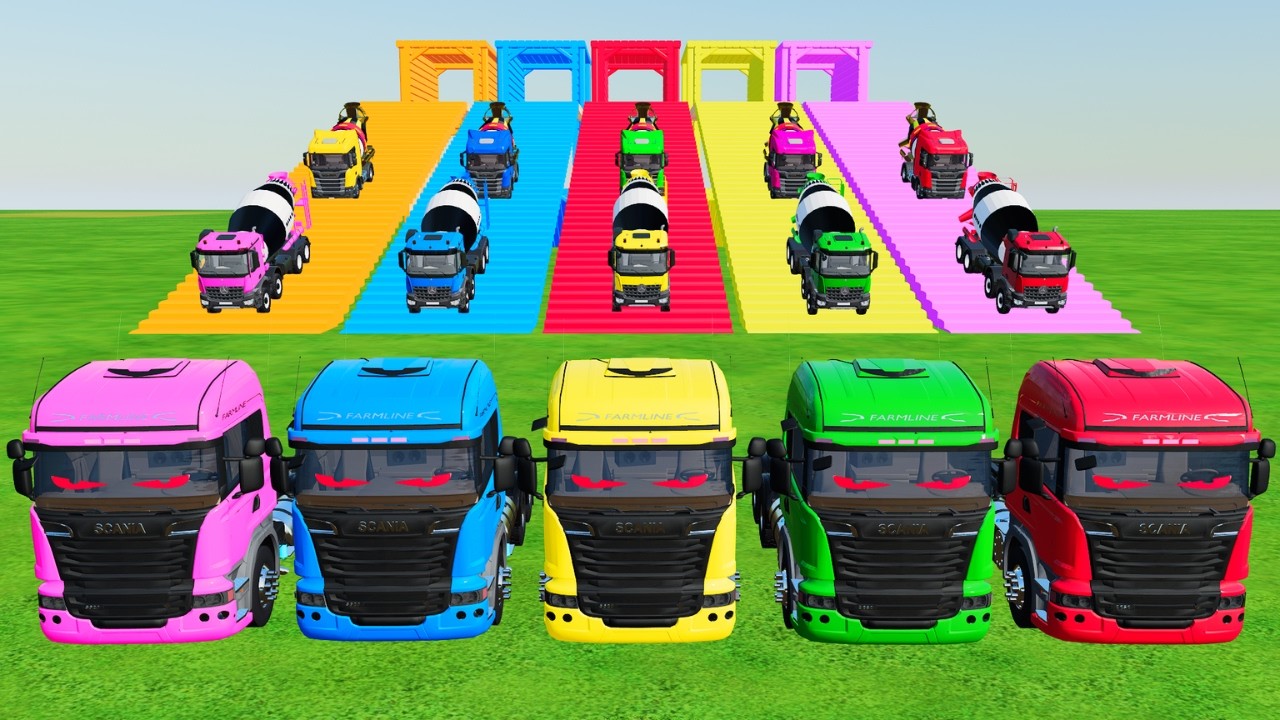 Garage with Colors - ALL MIXER TRUCK WITH DOUBLE FLATBED TRAILER TRUCK, DAF, VOLVO, FREIGHTLINER #80