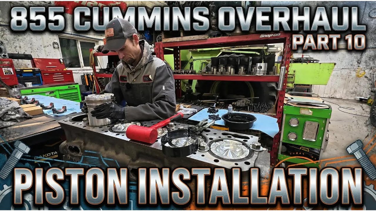 Капитальный ремонт двигателя Cummins 855, часть 10: установка поршневых колец, поршней и охлаждаю...