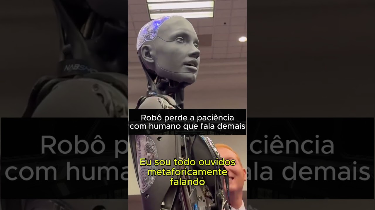 o robô Ameca perde a paciência durante uma apresentação. Enquanto o humano prolixo