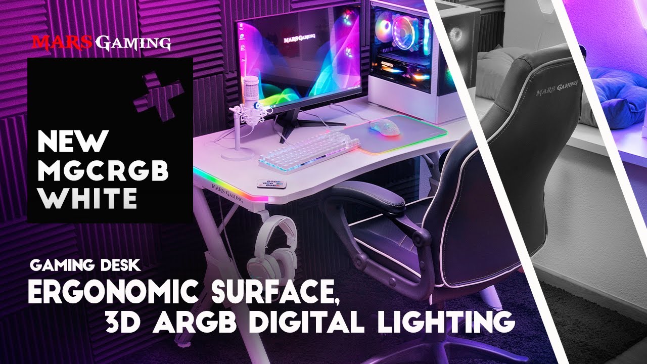 MARSGAMING Mars Gaming MGDRGBW, Bureau Gamer RGB, Support Casque+Boissons,  110x60cm, Blanc