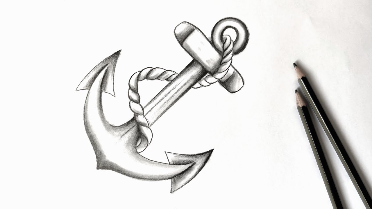 Drawing anchor with pencil, pencil sketch tutorial, drawing tutorial, الرسم  بالقلم