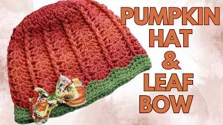 Crochet Pumpkin Hat With Leaf Bow - Child / Tween Sizes Free Pattern #boutique #crochet