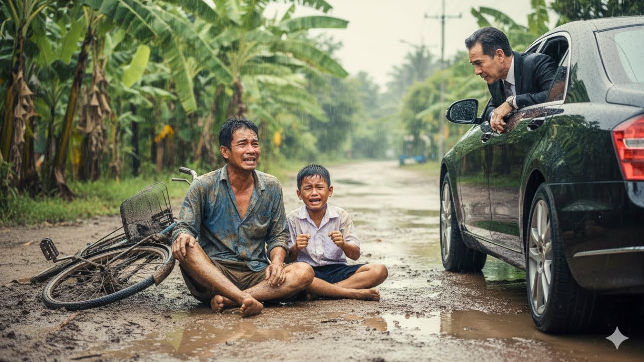 พ่อลูกล้มกลางฝน…ไม่มีใครช่วย จนชายในรถหรูลงมาทำสิ่งที่ไม่มีใครคาดคิด!
