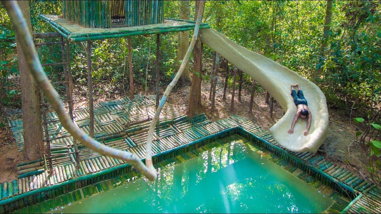 Build Swimming Pool Water Slide Around Secret Bamboo House