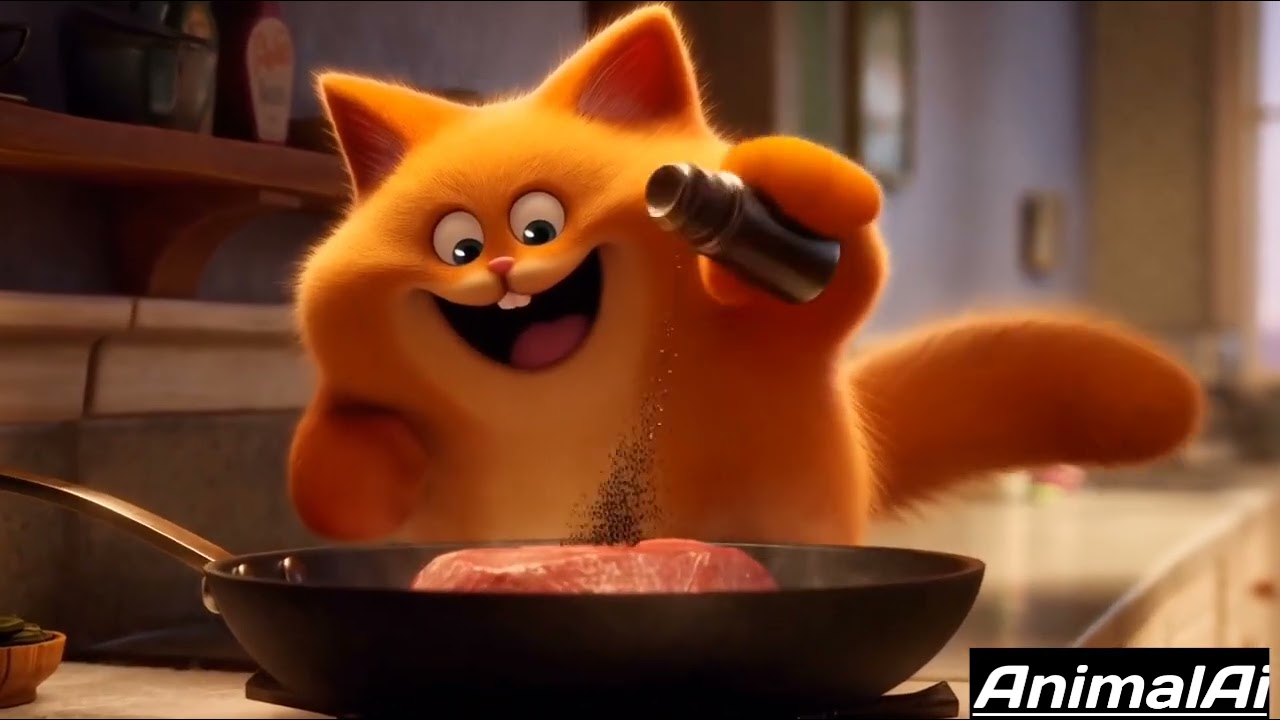 An orange cat cooking meat