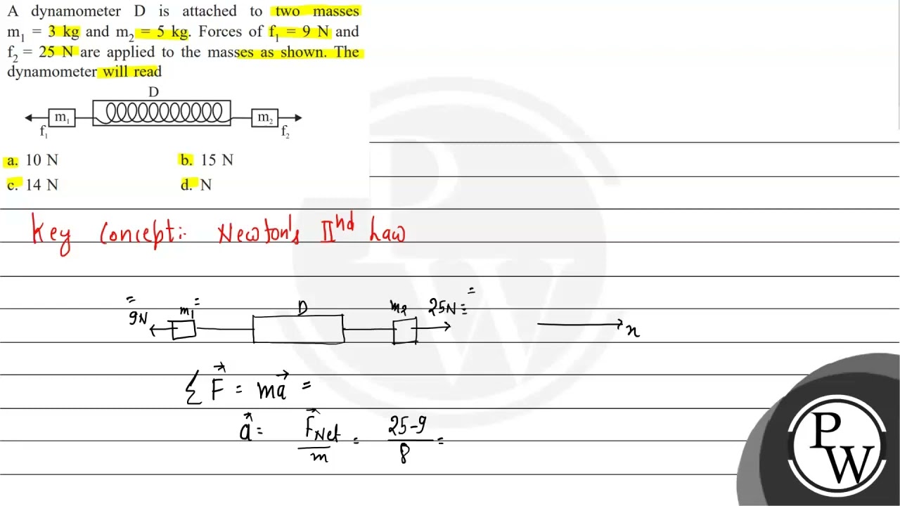 A dynamometer \( \mathrm{D} \) is attached to two masses \( \mathrm{m}_{1}=3 \mathrm{~kg} \) and...