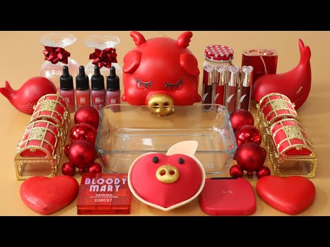 Mixing”Red Pig” Eyeshadow and Makeup,parts,glitter Into Slime!Satisfying Slime Video!★ASMR★