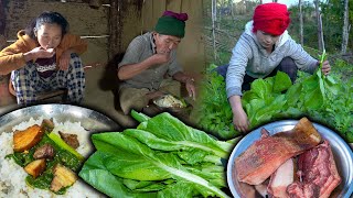 Pork & Rayo (Mustard) recipe with rice Cooking and eating in Nepali Village Kitchen || Village vlog