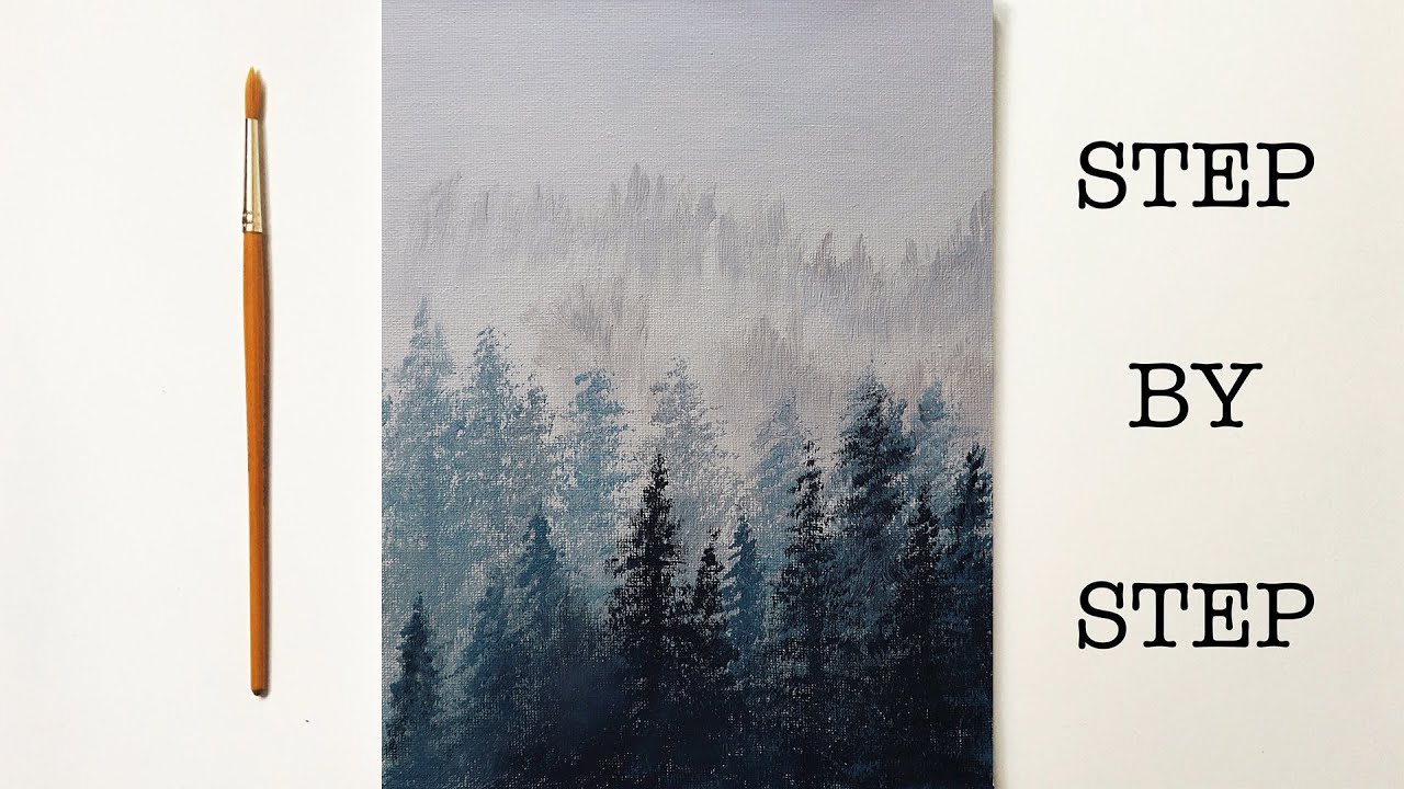 Easy Misty Forest for Beginners | Acrylic Painting Tutorial Step by Step ( ENG SUB )