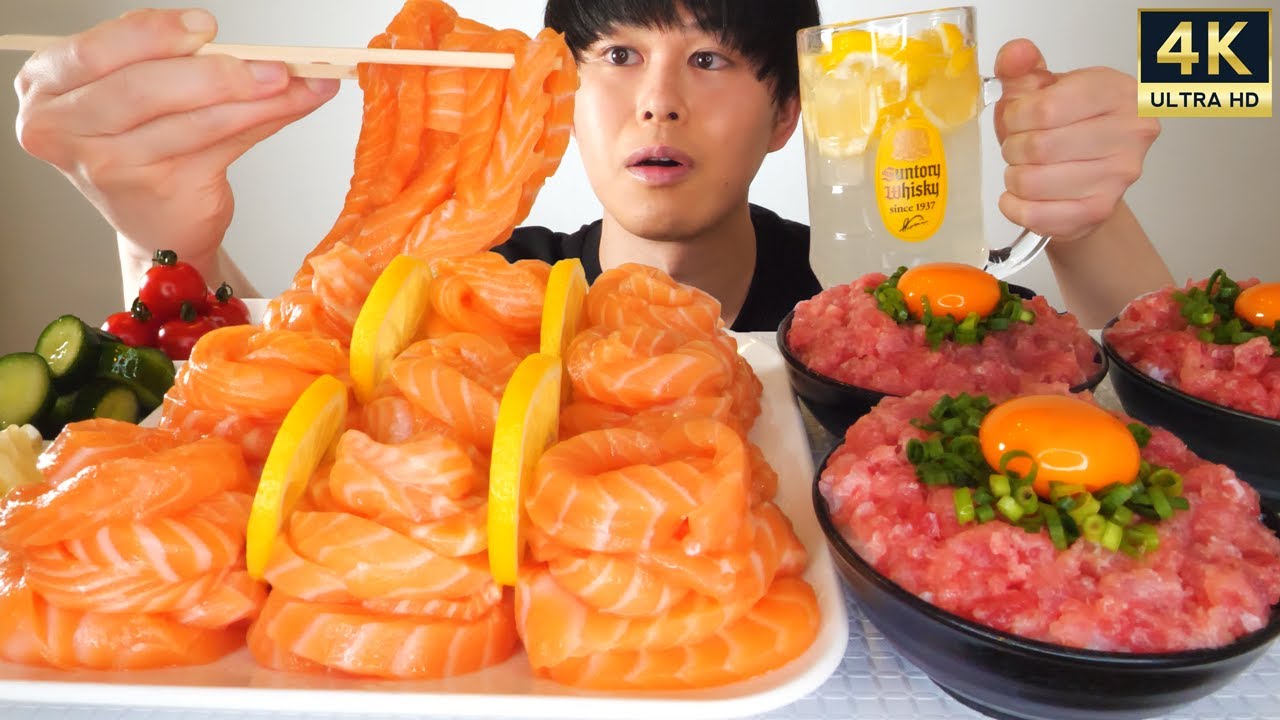 ASMR サーモン麺 ネギトロ丼 Salmon Noodles EATING SOUNDS | 咀嚼音 | MUKBANG | 먹방