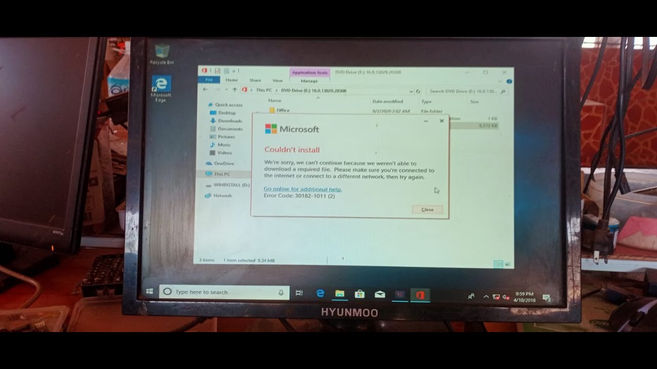 Microsoft office couldn't install Error Code: 30182-1011(2) for