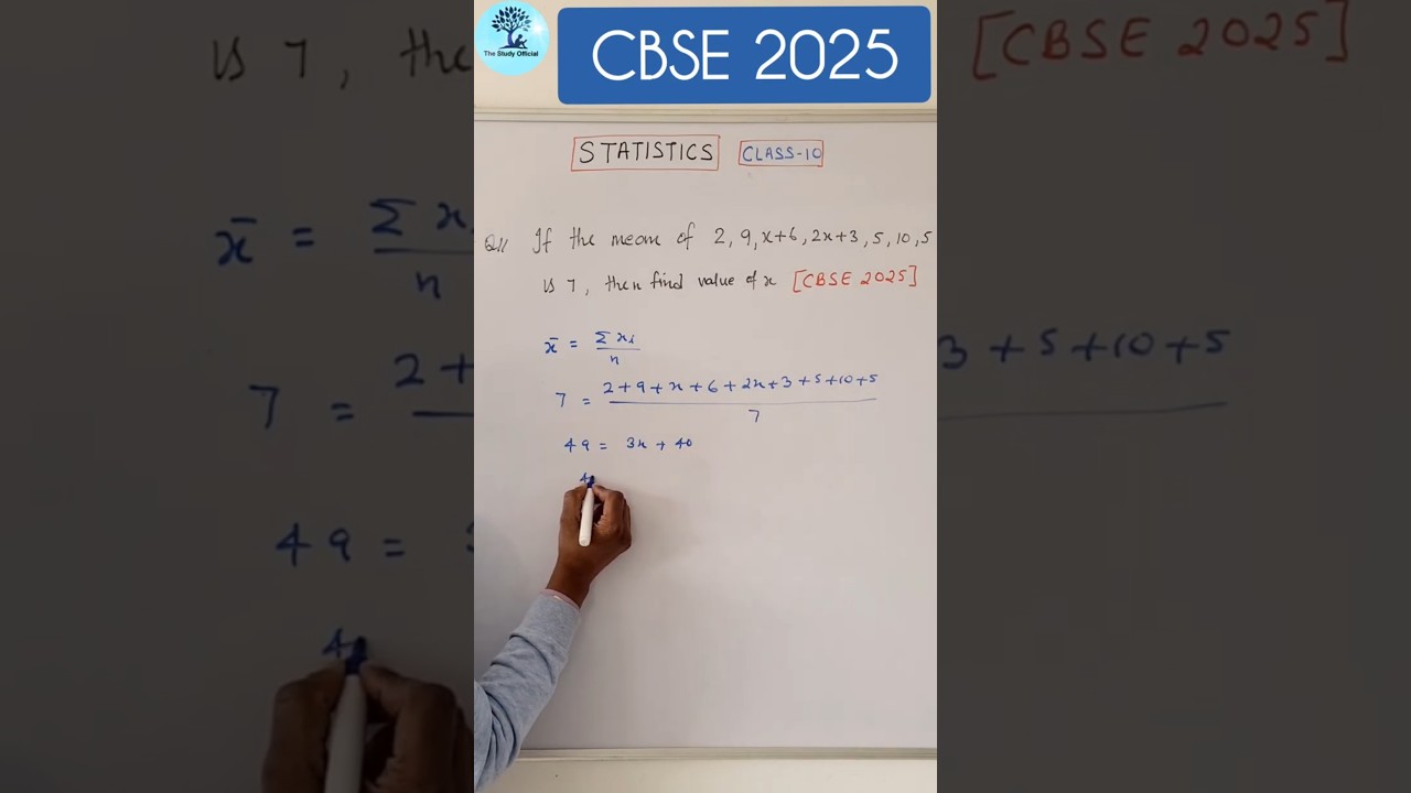 If the mean of 2,9,x+6,2x+3,5,10,5 is 7. Then find the value of x. CBSE PYQ-2025 statistics class10