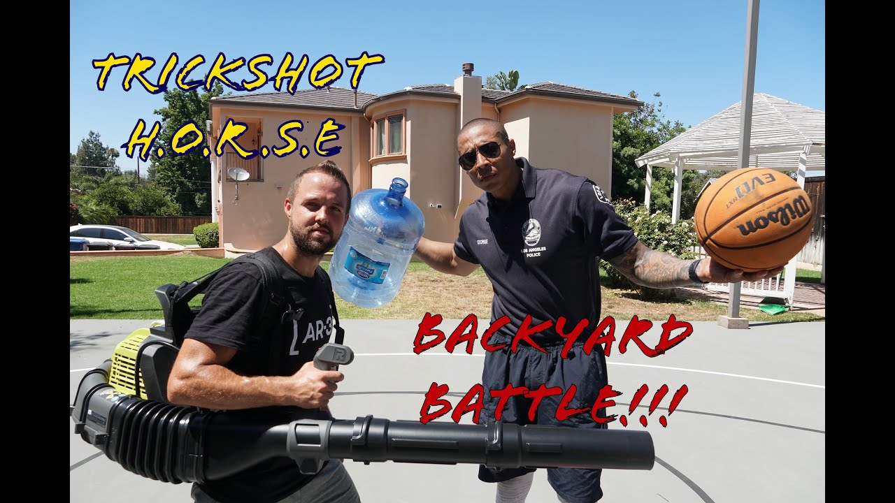 BACKYARD TRICK SHOT BATTLE Vs. D1 Basketball Player! Trick Shot Cop