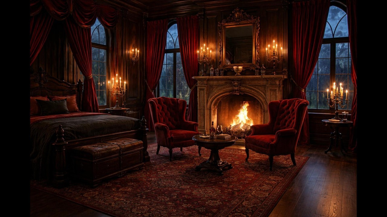 Gothic mansion fireplace in the bedroom