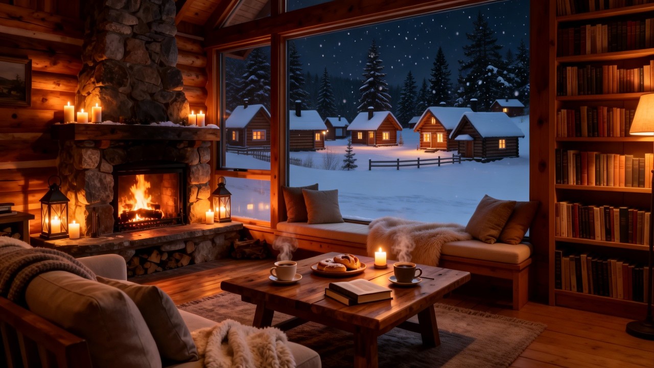 Peaceful Winter Forest Coffee Shop ❄️Cozy Cabin Fireplace & Soft Piano Jazz