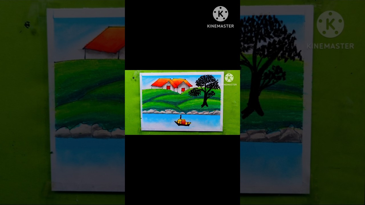 Peaceful Village Landscape Drawing with Boat | Oil Pastel Art Shorts 
