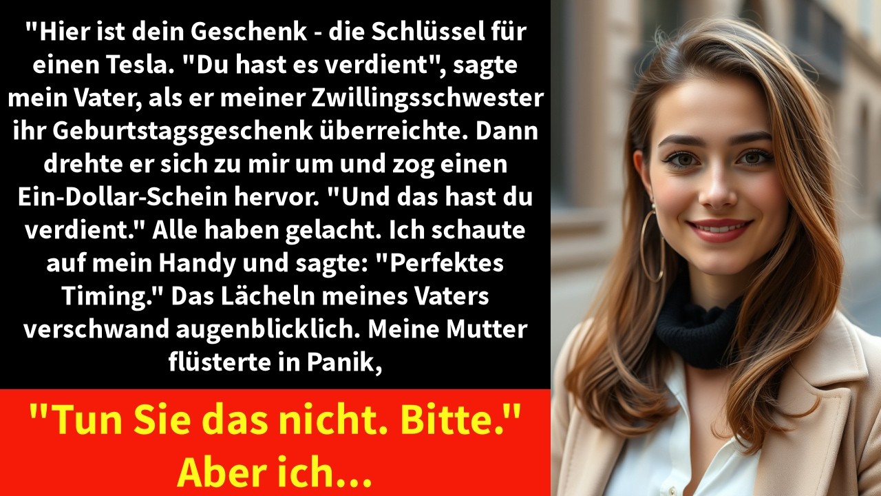 Meine Geburtstagsfeier war in vollem Gange, als mein Vater die Schlüssel eines brandneuen Tesla hochhielt – und sie meiner Zwillingsschwester reichte. Beifall brandete auf. Dann ließ er einen...