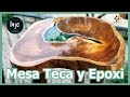 Resina de Epoxi y TEKA . Rodaja de madera y patas recicladas para una mesa estilo industrial. torno