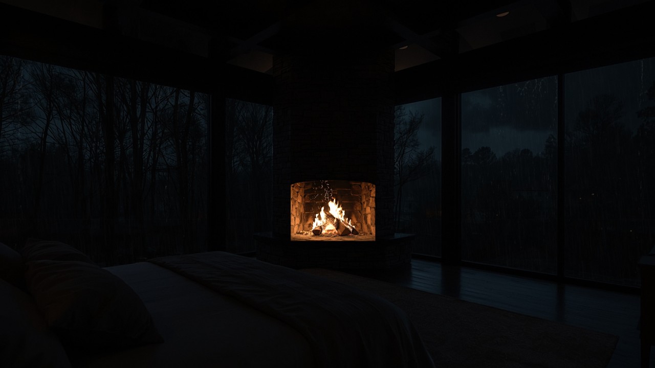 Cabin Night and Warm Fireplace | Rainy Forest Cabin Ambience for Sleep & Stress Relief