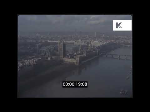 1960s London, Aerial over Thames River, House of Parliament, Big Ben, 4K