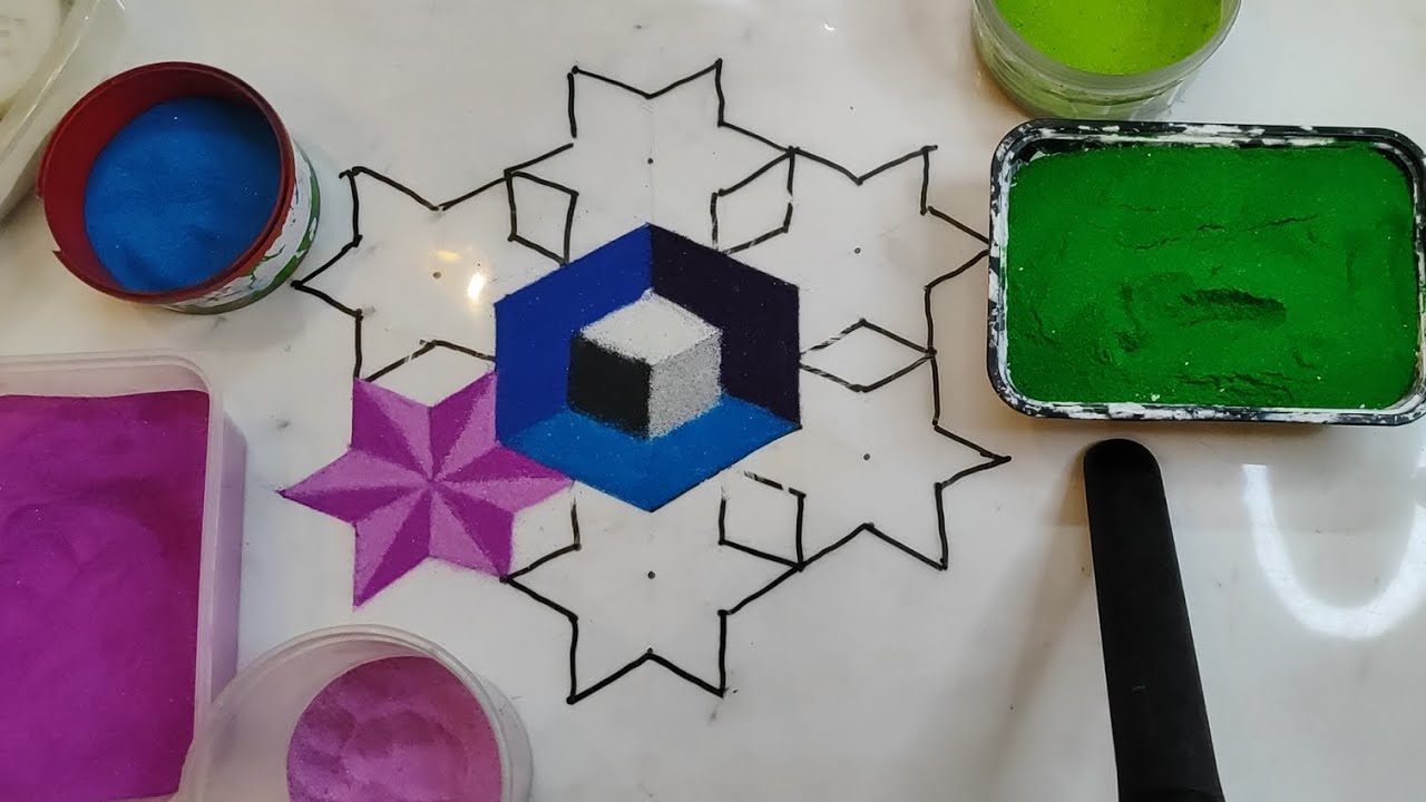 Easy 3d rangoli|மார்கழி 3டி கோலம்|simple 9-5 dots 3d rangoli|star 3d ...