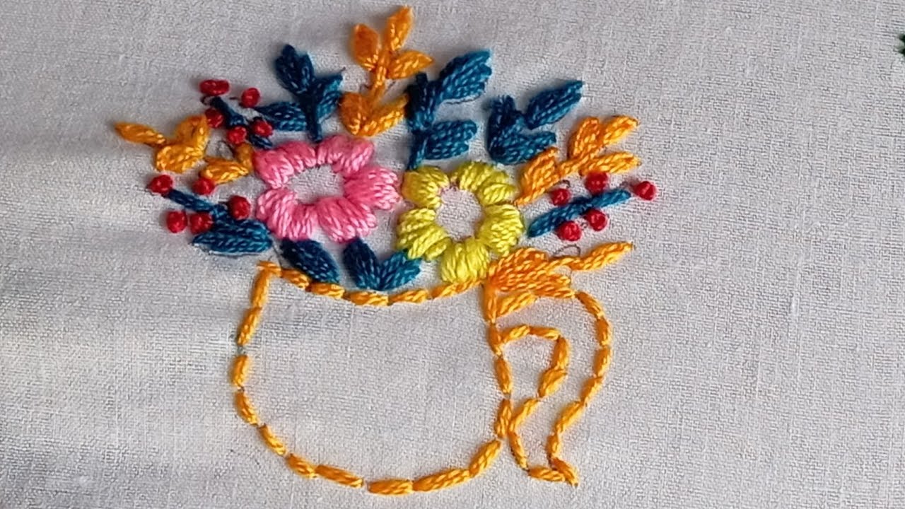 Hand Embroidery Design for Beginners ♥️ flower pot with 3D Embroidery Free Pattern hand embroidery 