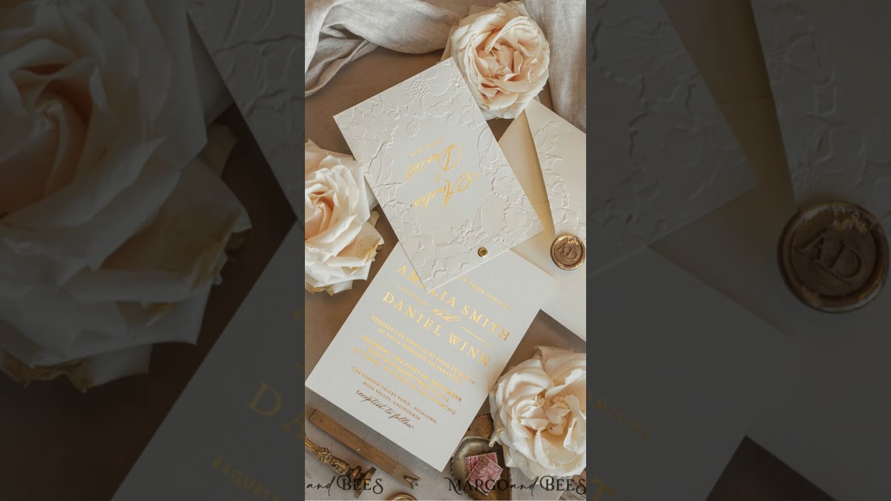 ✨ Ivory & Gold Fine Art Wedding Invitation | Embossed Boho Suite with Gold Foil & Debossed Roses