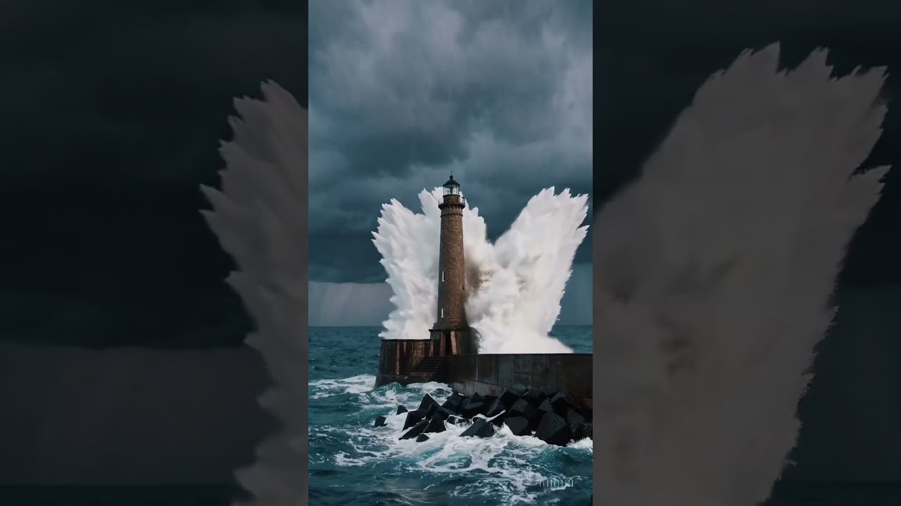 La furia del mare contro il faro | Tempesta epica