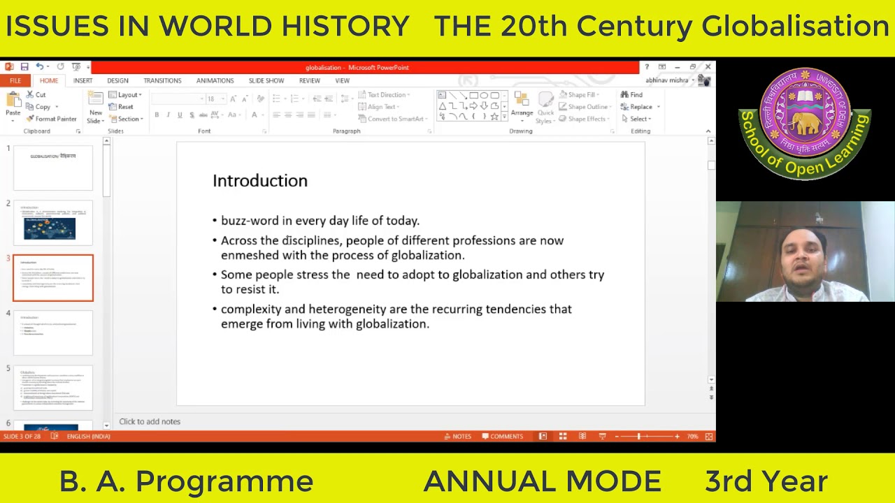 B A PROGRAMME - Annual Mode 3rd YEAR - ISSUES IN WORLD HISTORY THE 20TH CENTURY GLOBALISATION