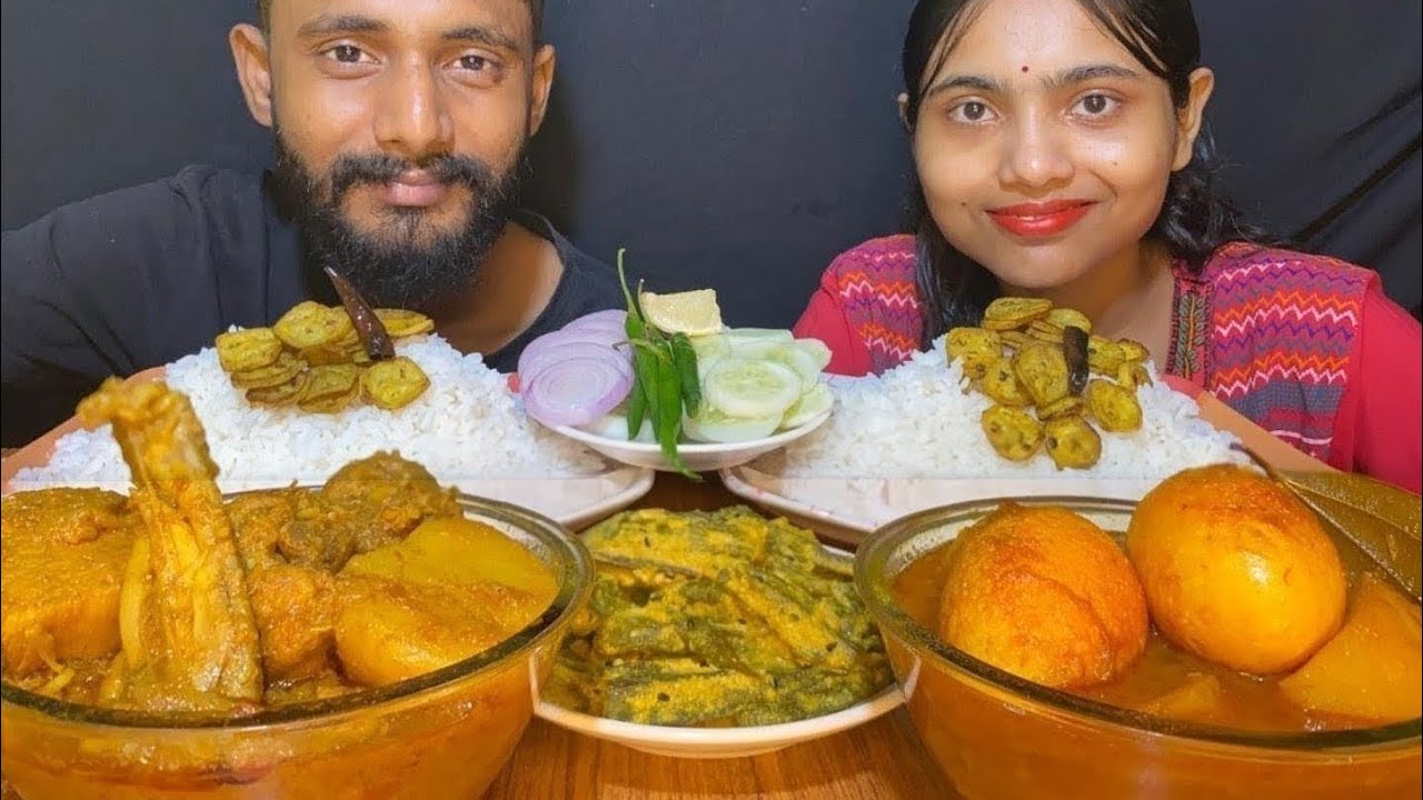 Eating show, Rice spicy chicken kosa🔥,Egg curry,Dharosh shorshe posta,kola vaja and salad ♥️♥️